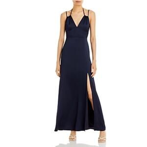 AQUA Satin Cut Out Back Long A-Line Evening Gown Navy Blue Size 4 Formal Dress